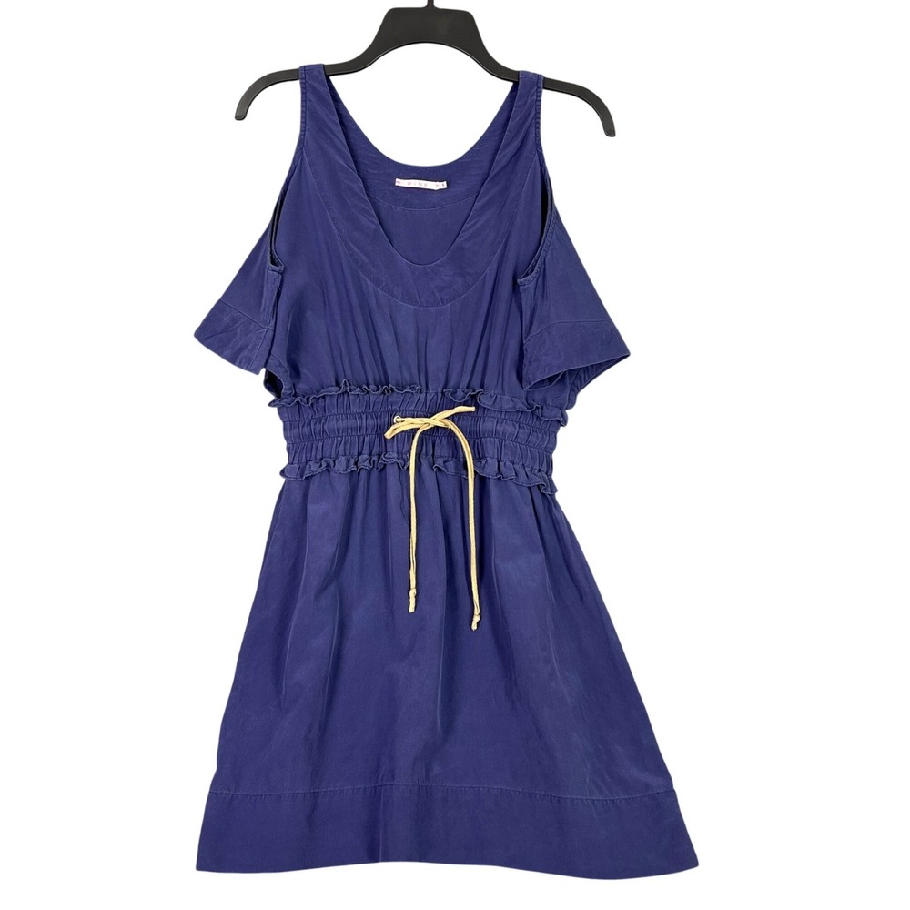 Wink Silk Dress Womens Small Blue Cold Shoulder Drawstring Mini